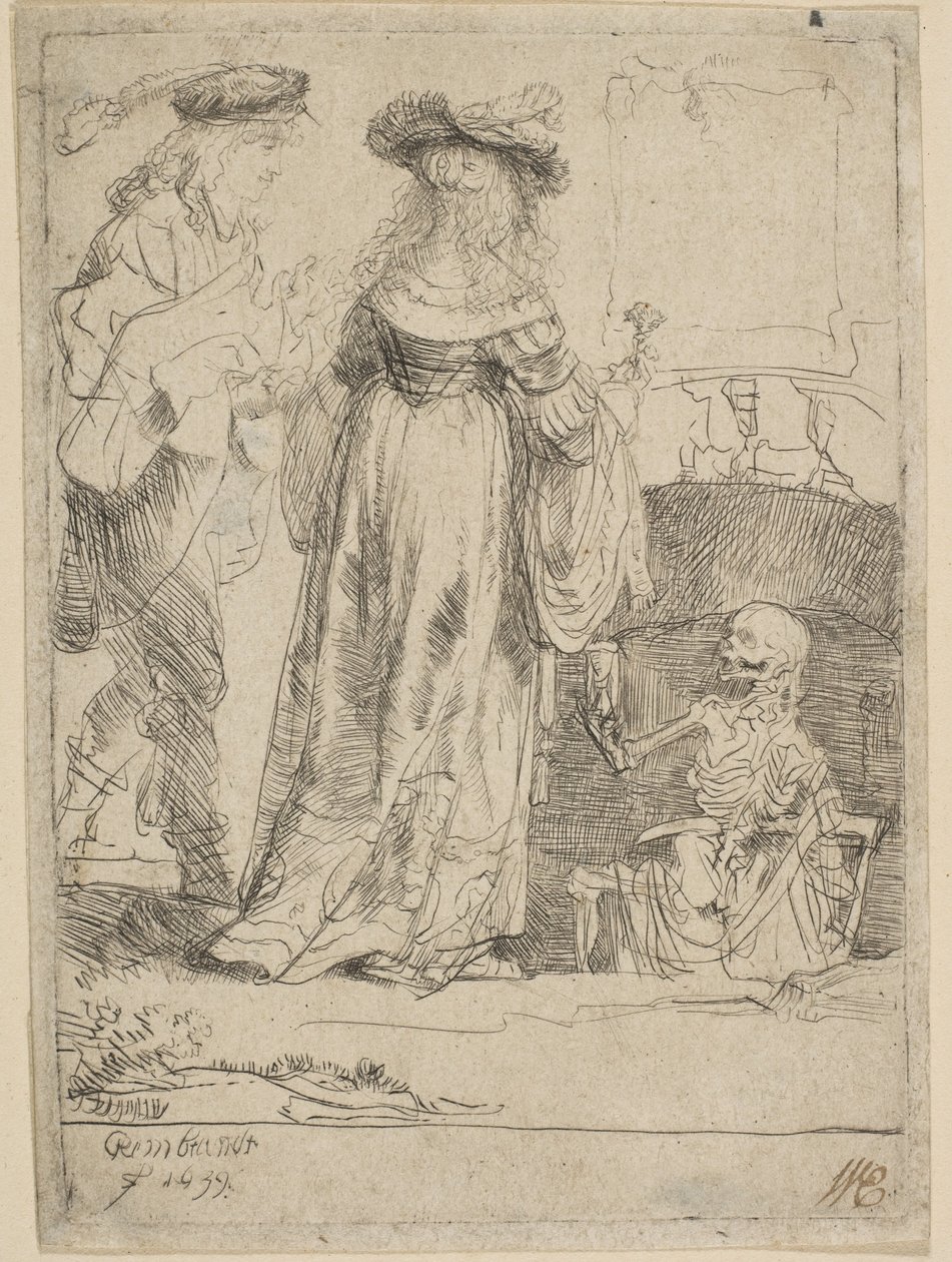Morte aparecendo para um casal casado de um túmulo aberto, 1639. de Rembrandt van Rijn