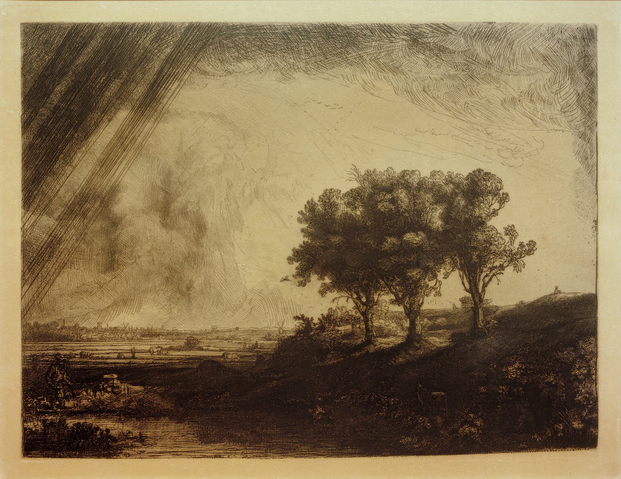 A paisagem com as três árvores de Rembrandt van Rijn