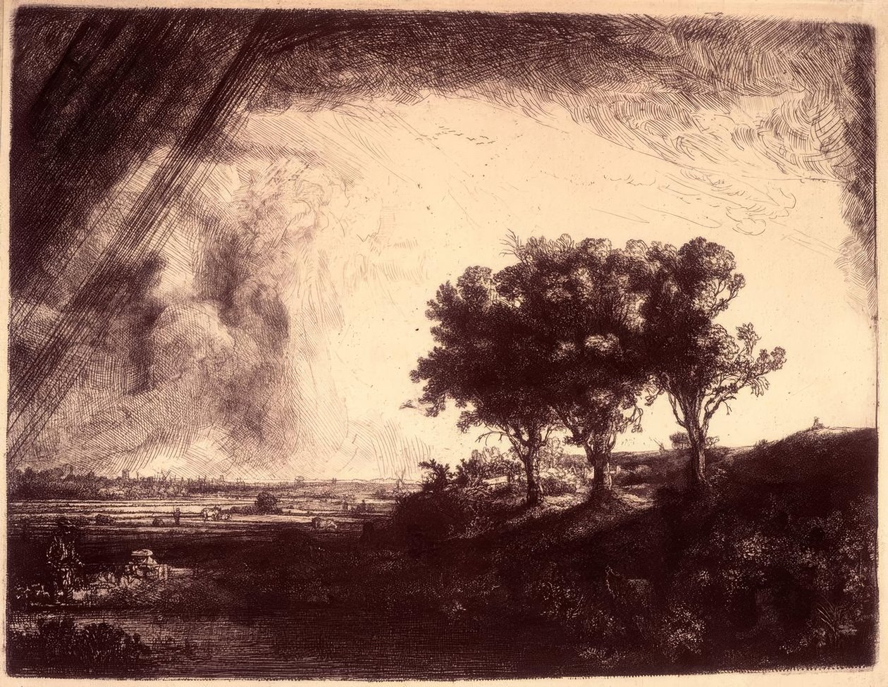 A paisagem com as três árvores de Rembrandt van Rijn