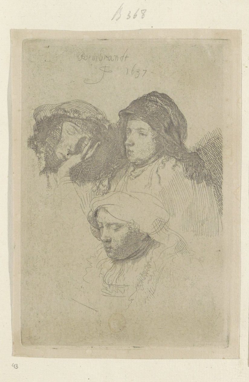 Três cabeças femininas, uma dormindo Recueil de quatre-vingt-cinq estampes originales (título da série) de Rembrandt van Rijn