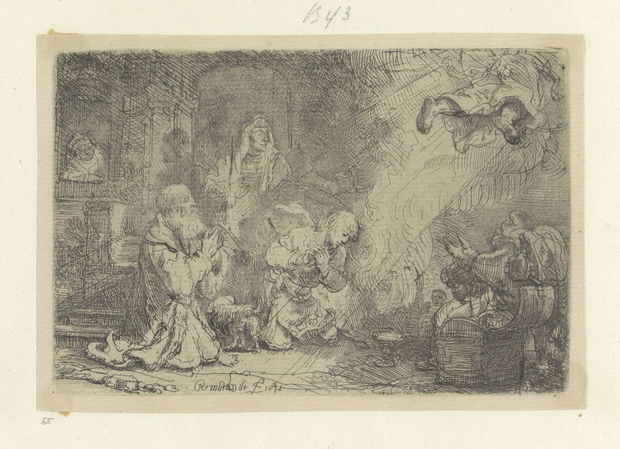 O Anjo deixa Tobias e a sua família
Recueil de quatre-vingt-cinq estampes originales (título da série) de Rembrandt van Rijn