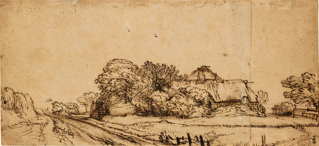 Edifícios Agrícolas à Lado de uma Estrada, meados do século XVII, de Rembrandt van Rijn