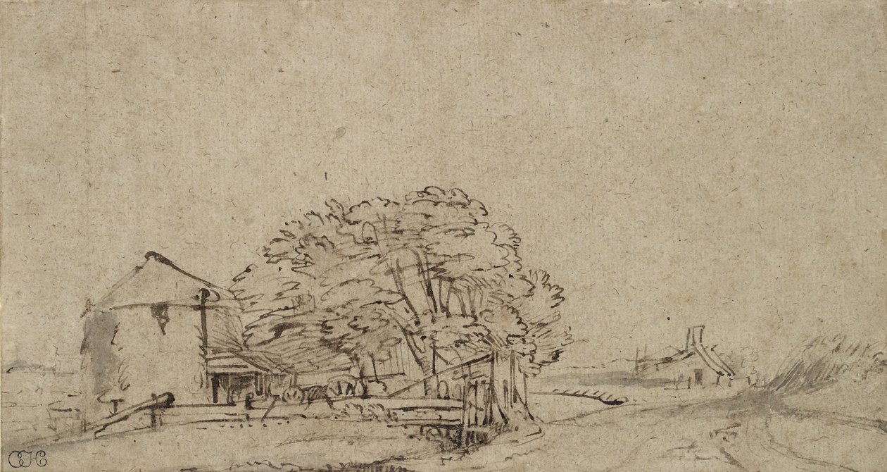 Fazenda de construção ao lado de uma estrada com distante fazenda, 1650-69 (caneta & tinta marrom com lavagem cinza no papel) de Rembrandt van Rijn