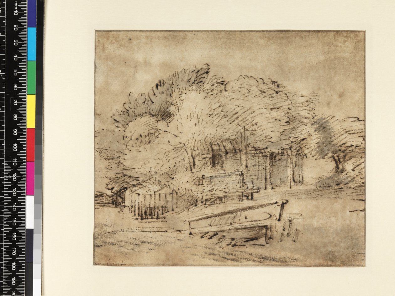 Quinta sob árvores, com uma passarela, c.1650 (caneta e tinta com papel) de Rembrandt van Rijn