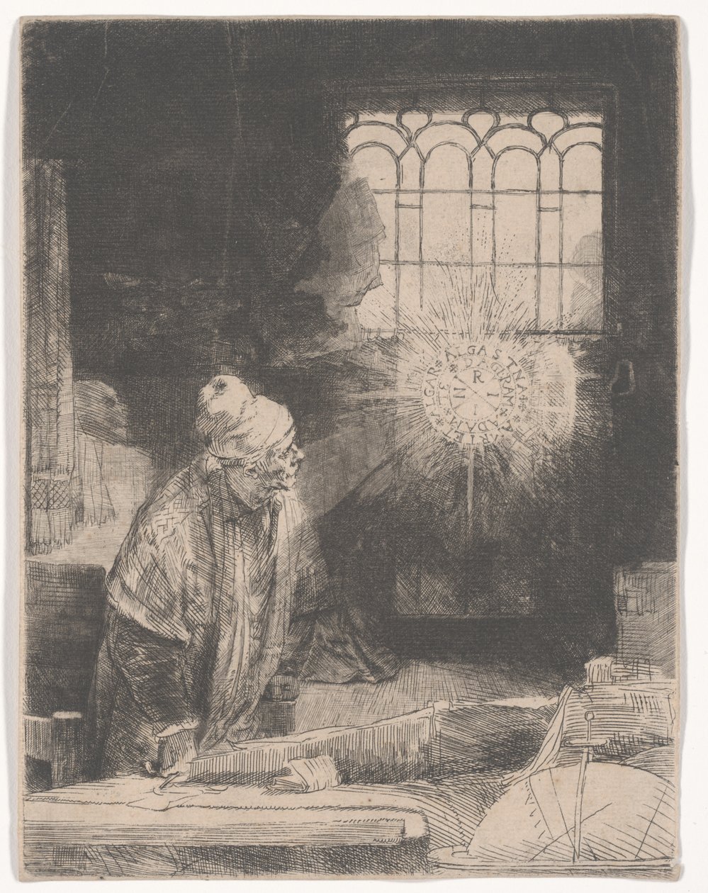 Fausto em seu estudo assistindo a um disco mágico, ou Um estudioso em seu estudo, c.1652 de Rembrandt van Rijn