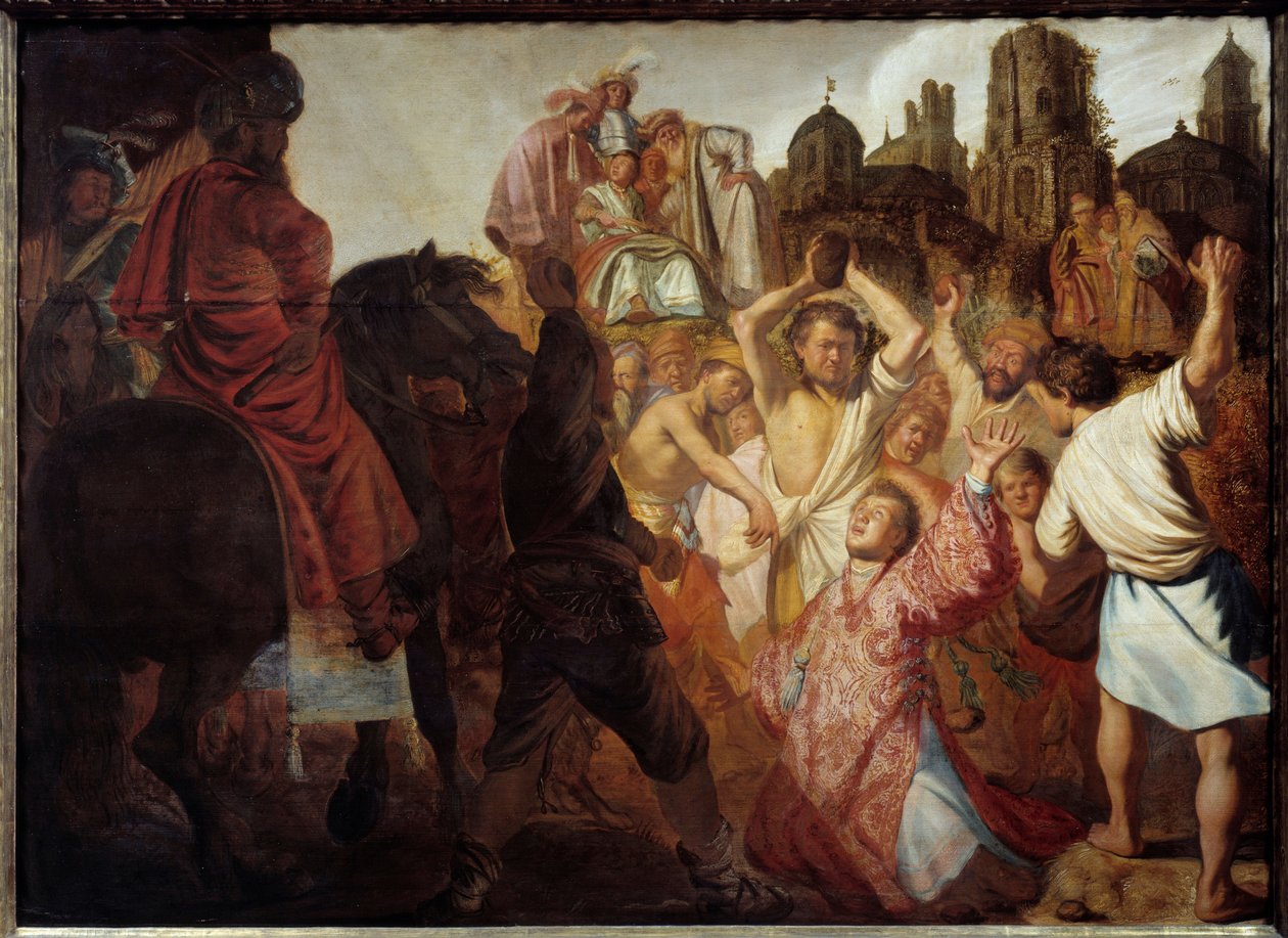 O primeiro mártir cristão: "O apedrejamento de Santo Estêvão" Pintura de Harmensz Van Rijn Rembrandt (1606-1669) 1625 Sol. 0,89x1,23 m Lyon, Musee des Beaux Arts de Rembrandt van Rijn