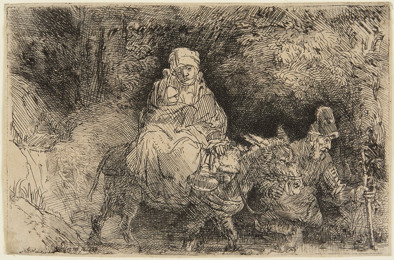 Fuga para o Egito: a Sagrada Família a atravessar um ribeiro de Rembrandt van Rijn