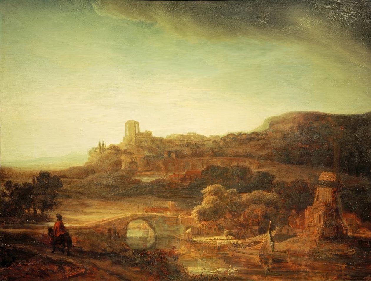 Paisagem do rio com moinho de vento de Rembrandt van Rijn
