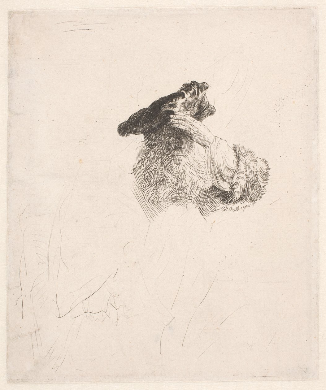 Velho protegendo os olhos com a mão de Rembrandt van Rijn