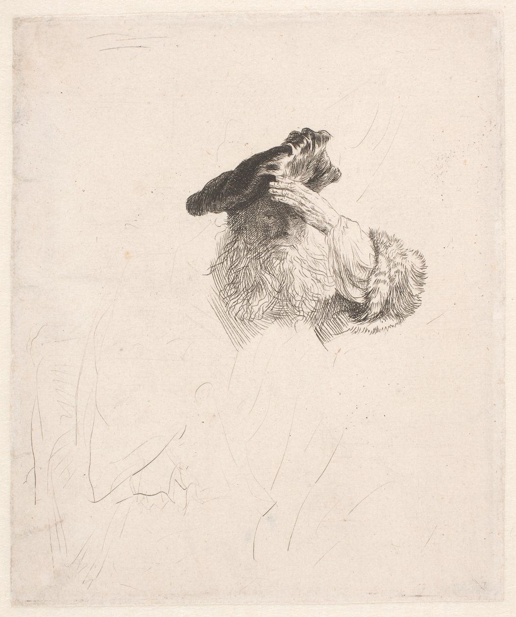 Velho protegendo os olhos com a mão de Rembrandt van Rijn