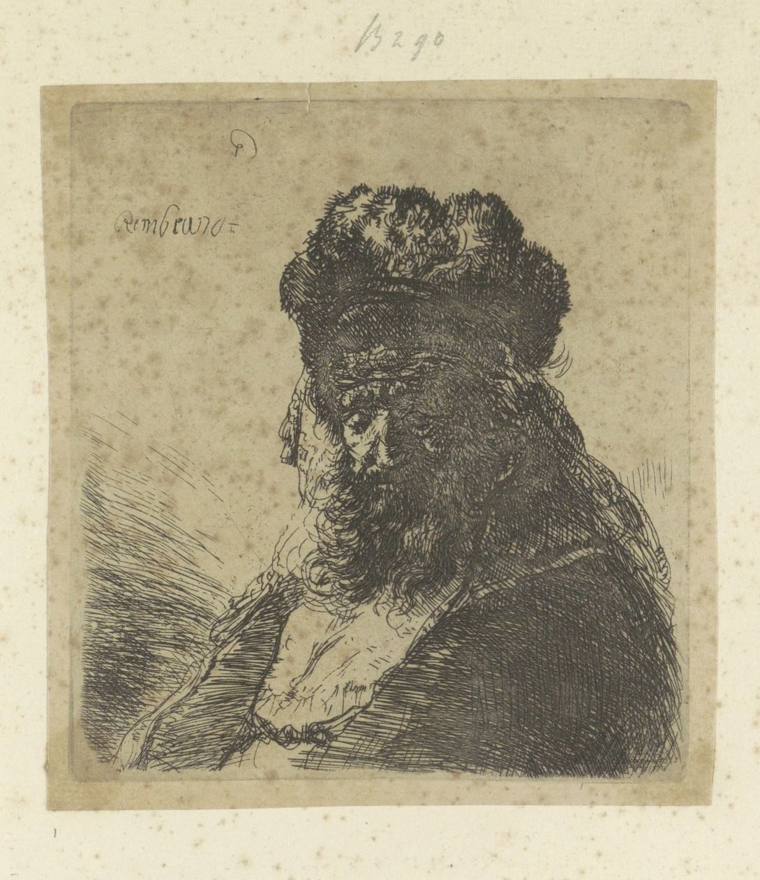 Velho barbudo com chapéu de pêlo alto e olhos fechados
Recueil de quatre-vingt-cinq estampes originales (título da série) de Rembrandt van Rijn