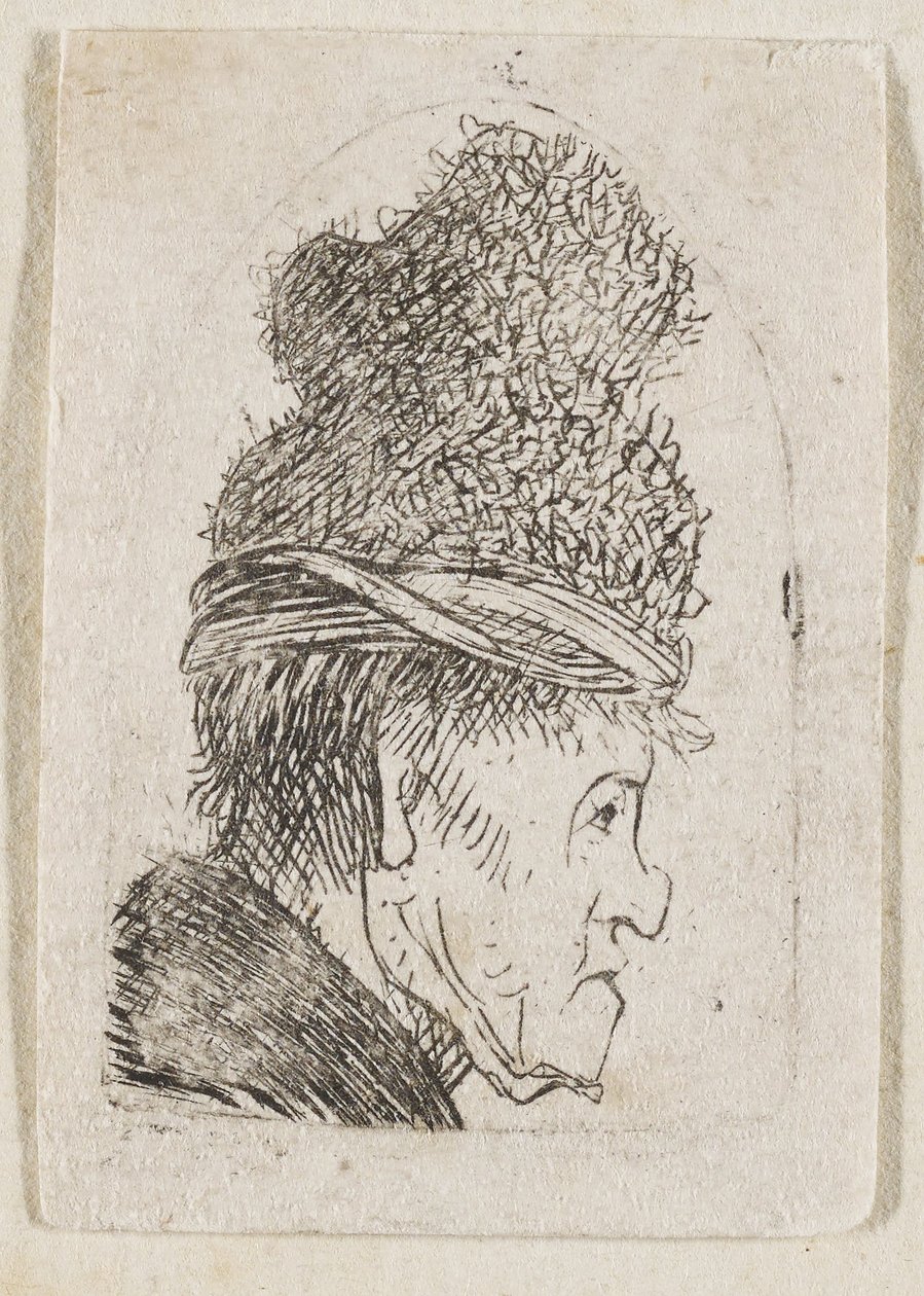 Perfil grotesco: Homem com boné de pala alta de Rembrandt van Rijn