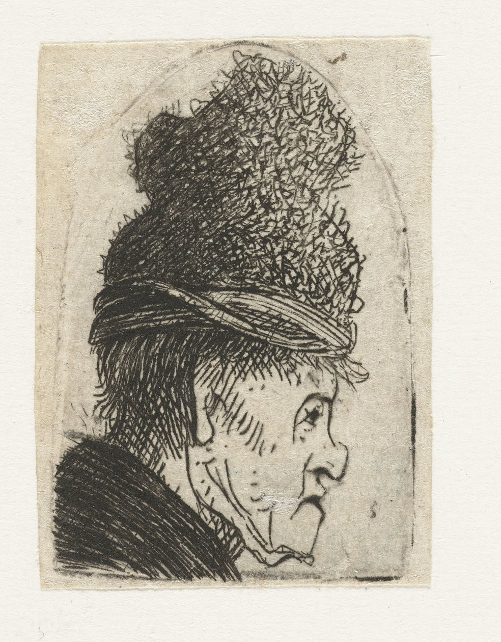 Perfil grotesco: homem com um boné de pala alta de Rembrandt van Rijn