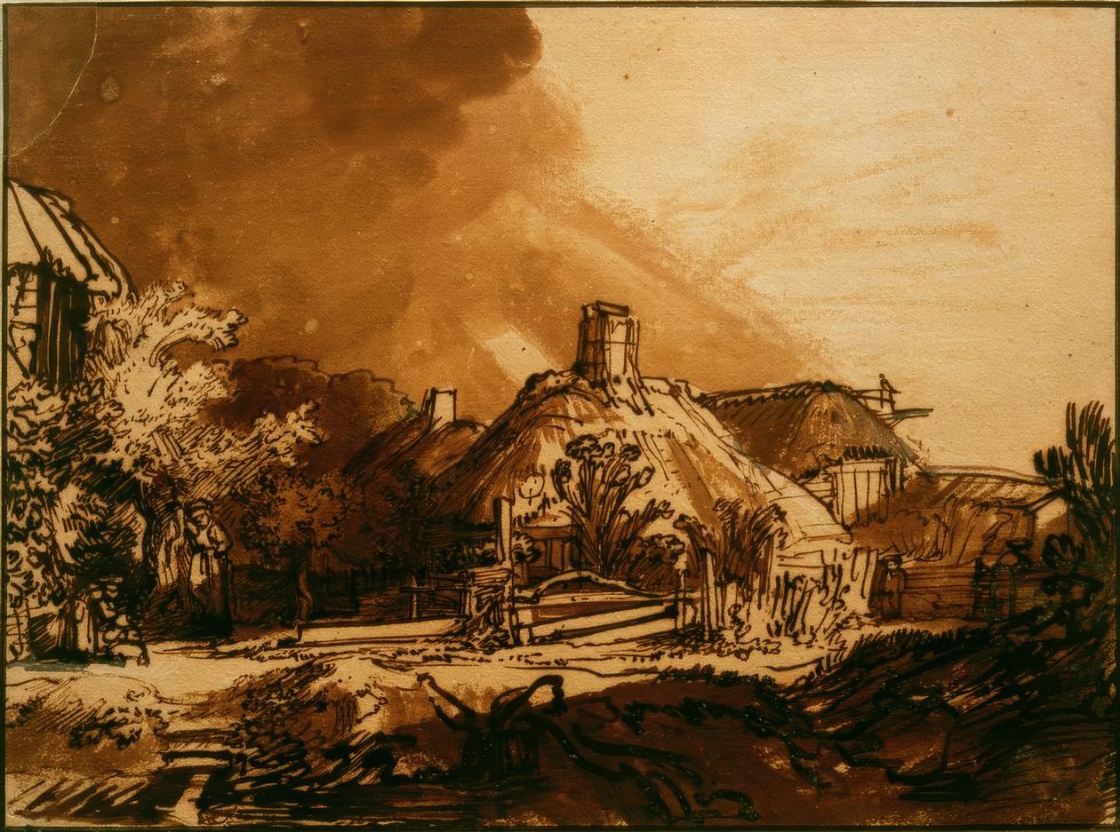 Casas sob um céu tempestuoso de Rembrandt van Rijn