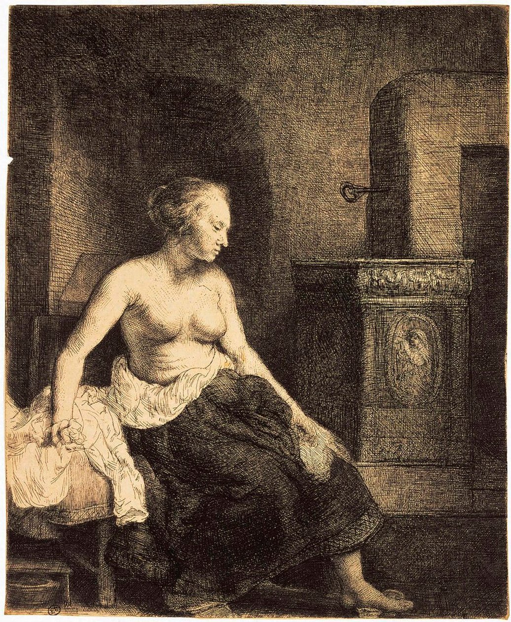 Mulher seminua por um fogão, 1658. de Rembrandt van Rijn