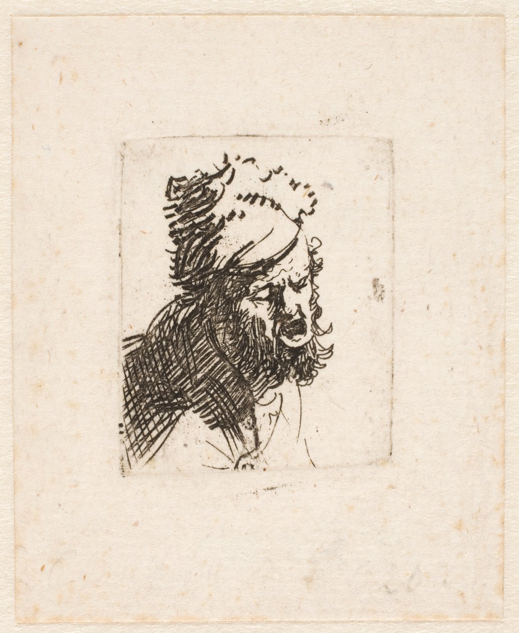 Cabeça de um homem com um gorro de pele, a gritar de Rembrandt van Rijn