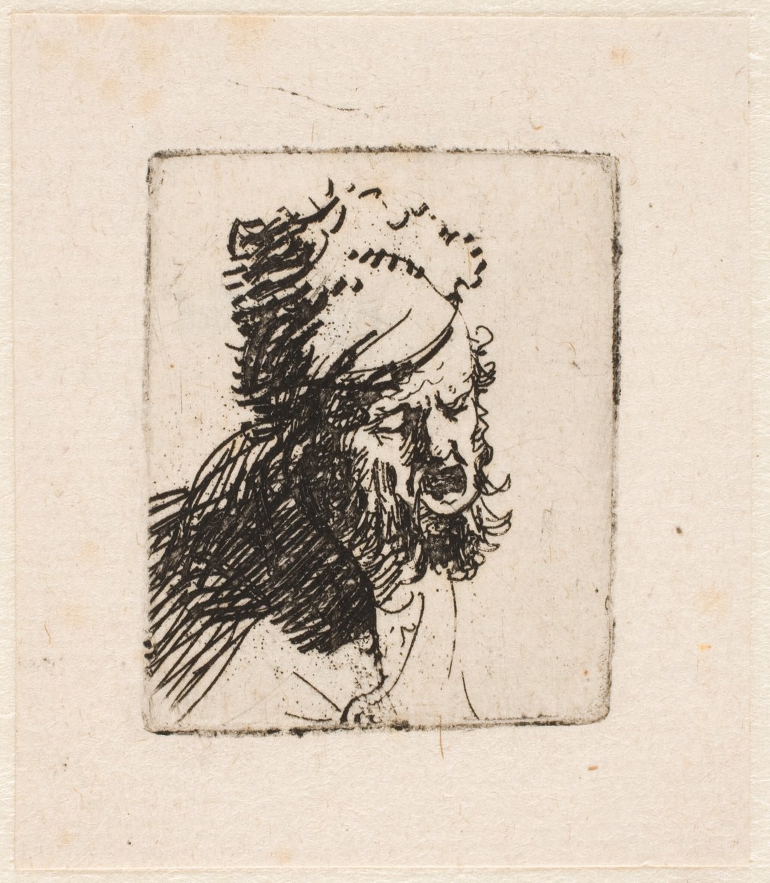 Cabeça de um homem com um gorro de pele, a gritar de Rembrandt van Rijn