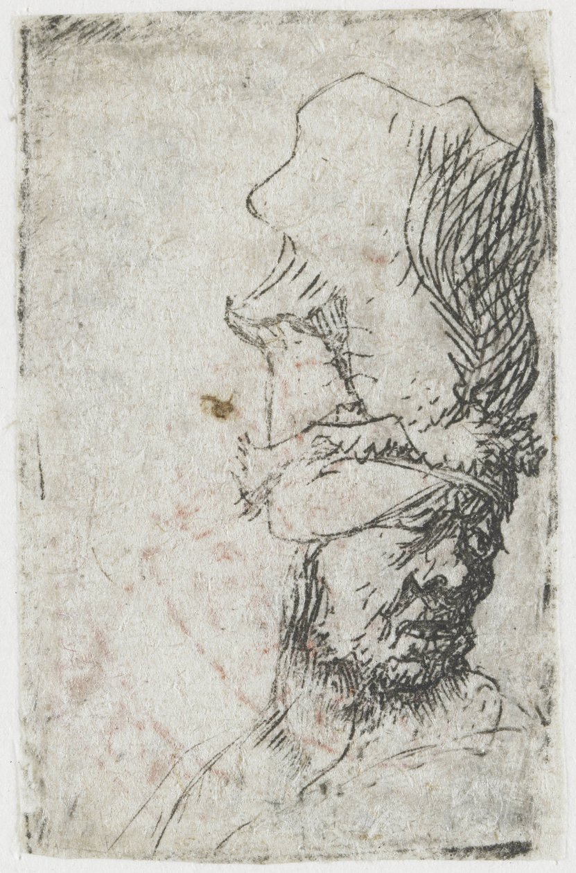 Cabeça de um homem com um boné de pala alta de Rembrandt van Rijn