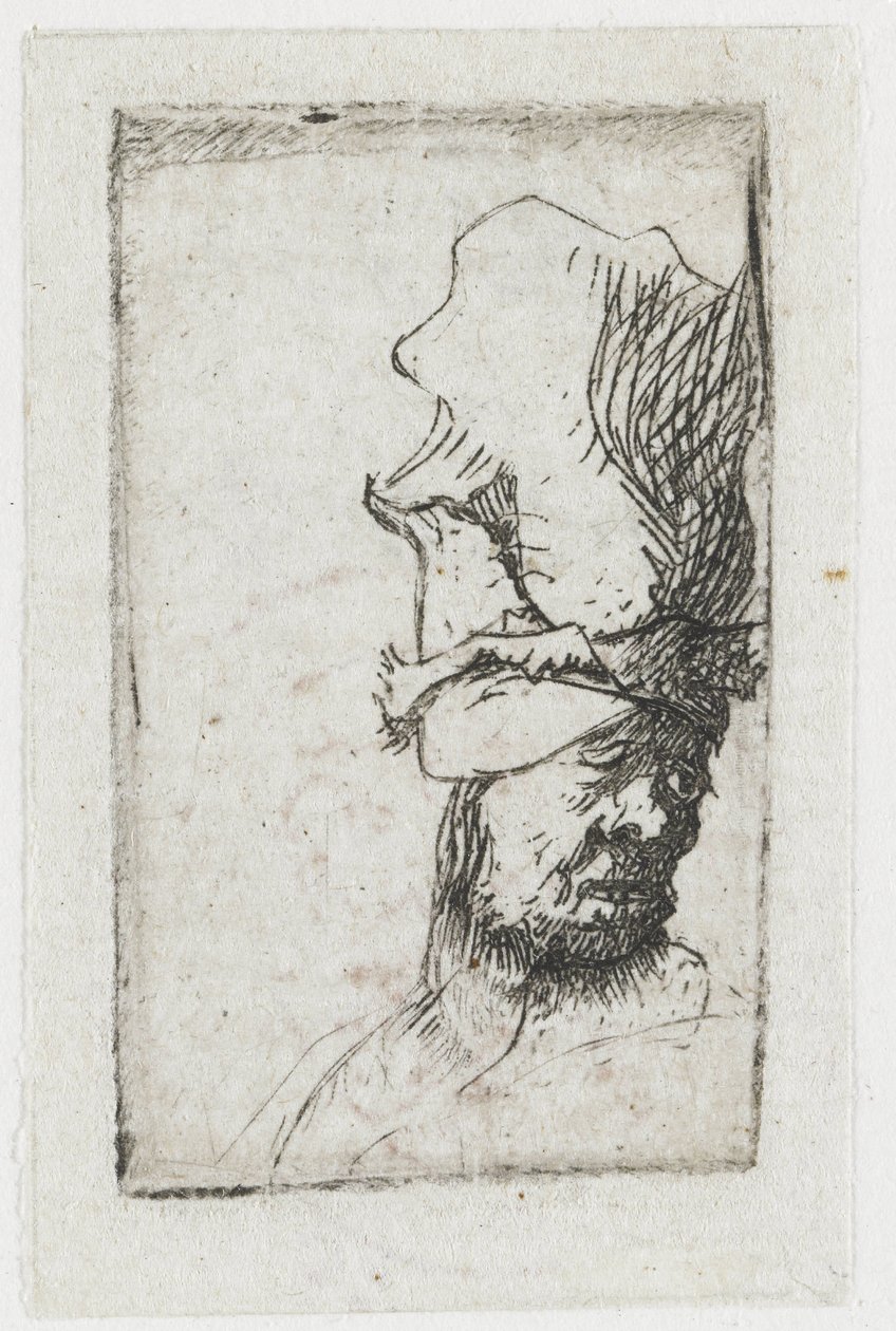 Cabeça de um homem com um boné de pala alta de Rembrandt van Rijn