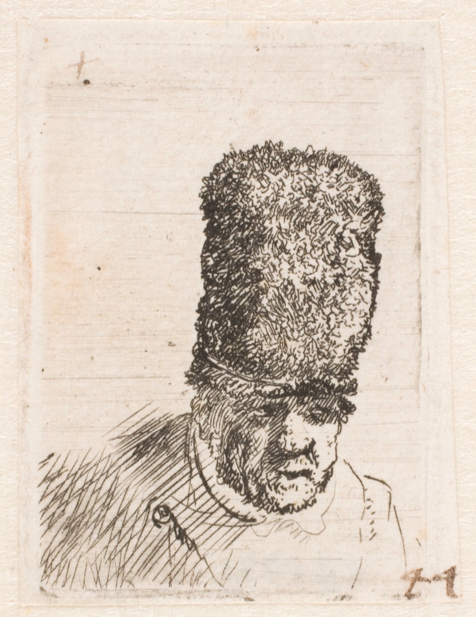 Cabeça de um velho com um gorro de pele alto de Rembrandt van Rijn