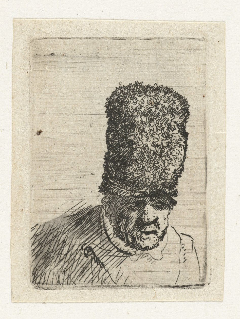 Cabeça de um homem idoso com um gorro alto de pele de Rembrandt van Rijn
