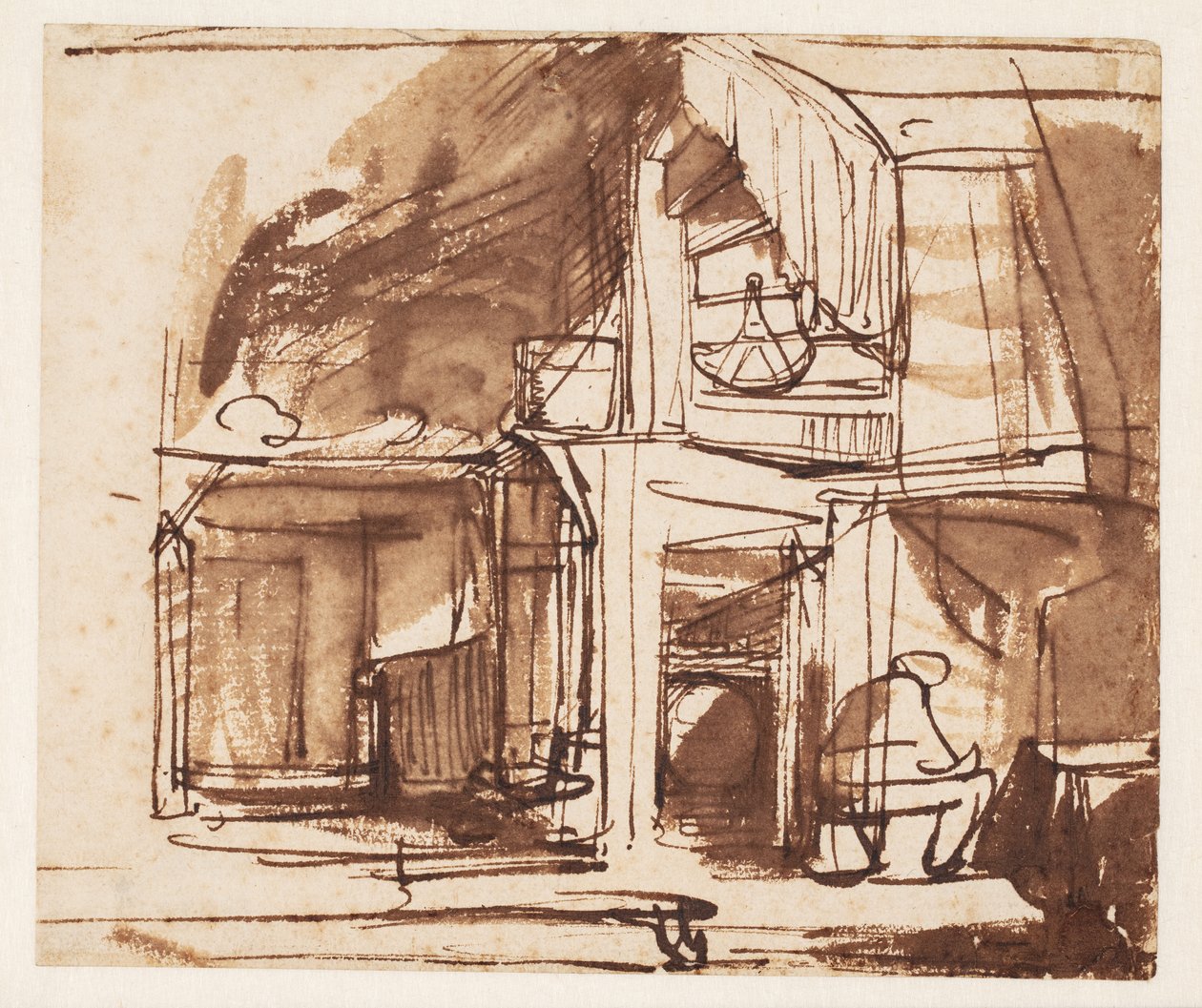 Interior com uma escada sinuosa e um homem sentado de Rembrandt van Rijn