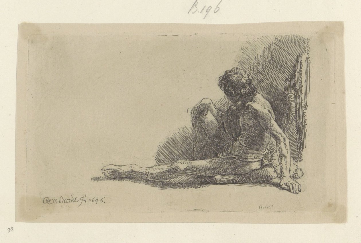 Jovem sentado no chão com uma perna estendida
Recueil de quatre-vingt-cinq estampes originales (título da série) de Rembrandt van Rijn