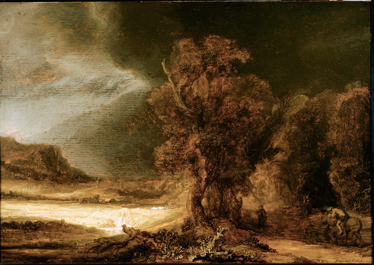 Landscape at the Good Samaritan Painting by Harmenszoon van Rijn this Rembrandt (1606-1669) 1638 Sun. 46,5x66 cm Museu Czartoryski, Cracóvia, Polônia de Rembrandt van Rijn