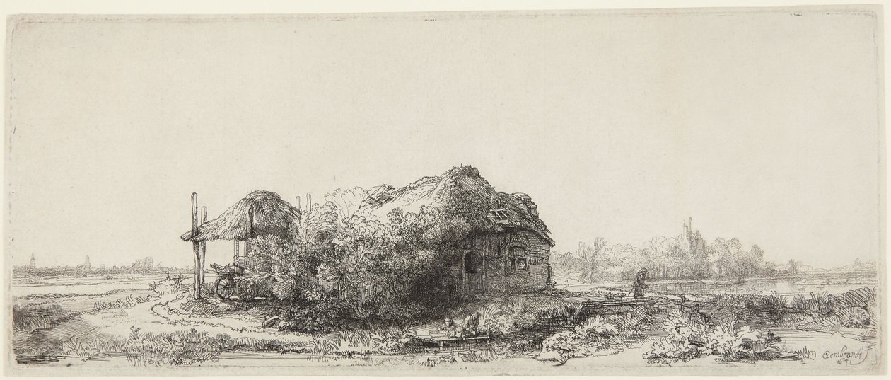 Paisagem com casinhas de campo e um celeiro de feno de Rembrandt van Rijn