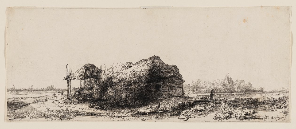 Paisagem com chalés e um celeiro de feno: oblongo de Rembrandt van Rijn