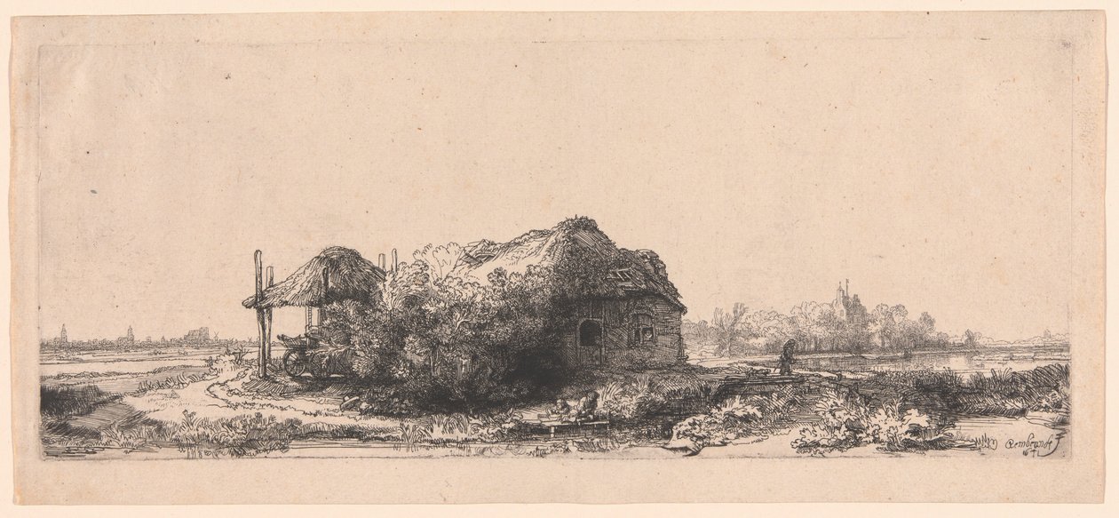 Paisagem com chalés e um celeiro de feno: oblongo de Rembrandt van Rijn