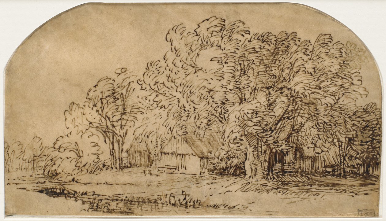 Paisagem com chalés sob árvores altas ("The Puff of Wind") de Rembrandt van Rijn