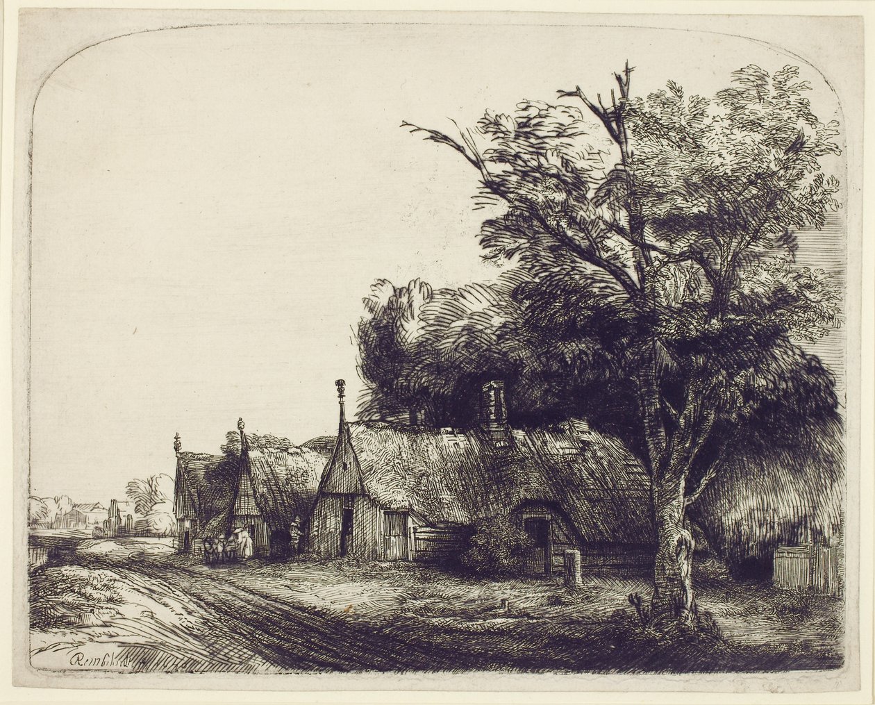Paisagem com Chalés Gabled ao lado de uma estrada, 1650 (gravura e ponto seco no papel) de Rembrandt van Rijn