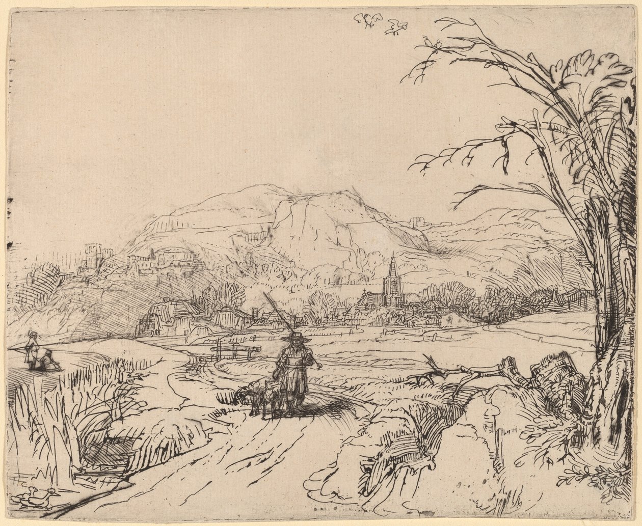 Paisagem com esportista e cachorro de Rembrandt van Rijn