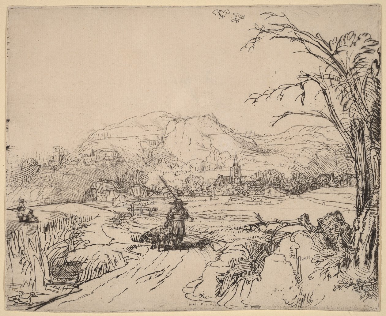 Paisagem com um desportista e um cão de Rembrandt van Rijn