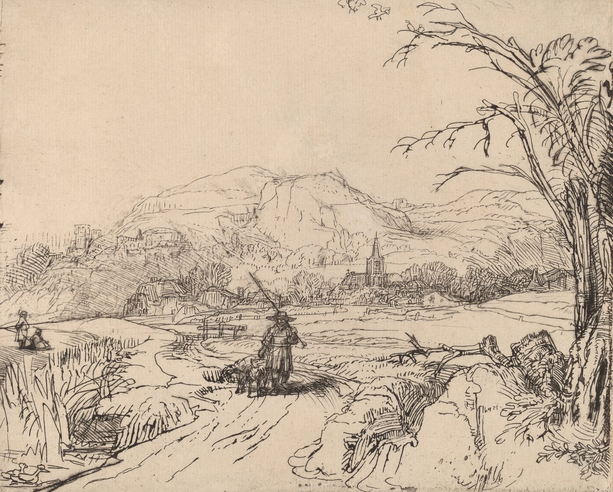 Paisagem com desportista e cão, c. 1653. de Rembrandt van Rijn