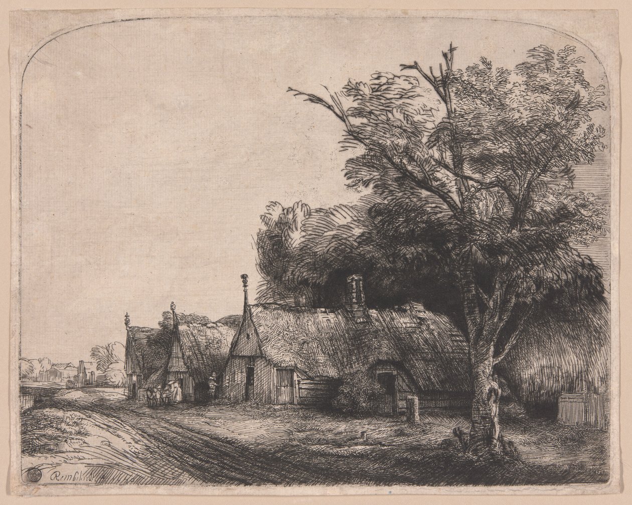 Paisagem com três casas de empena ao lado de uma estrada de Rembrandt van Rijn