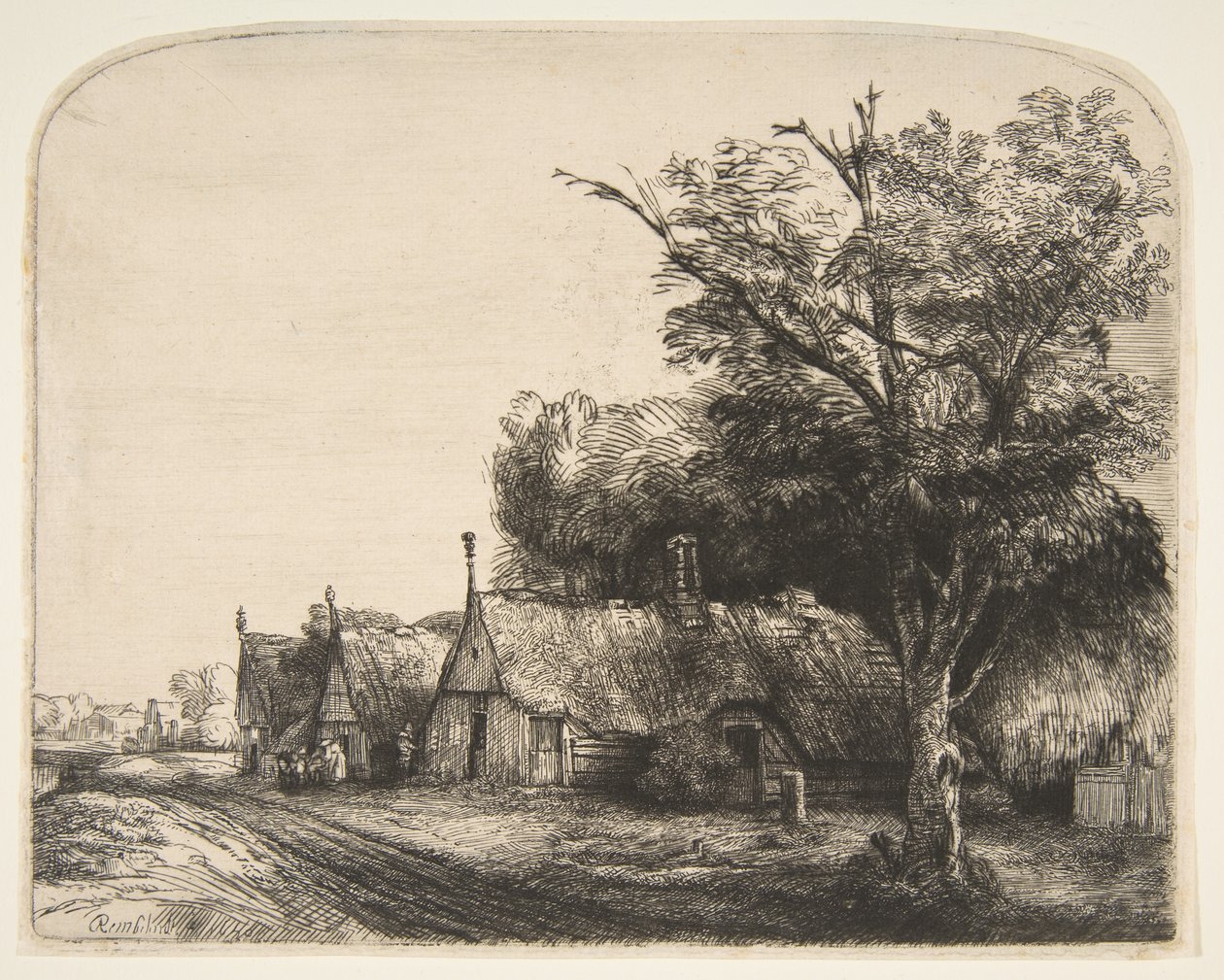 Paisagem com três cabanas de duas águas ao lado de uma estrada, 1650. de Rembrandt van Rijn