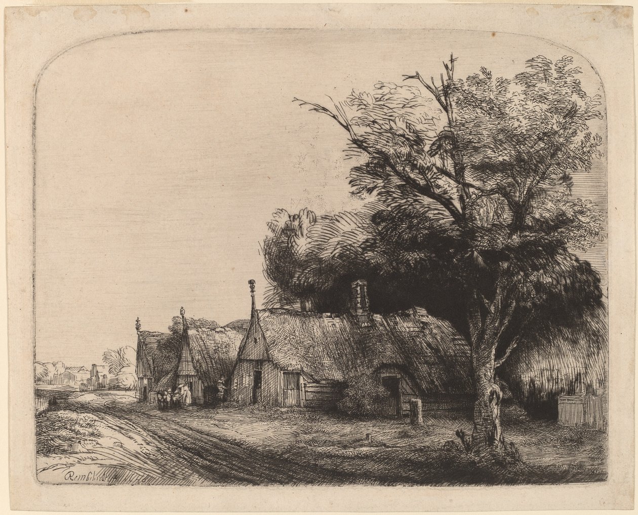Paisagem com três casas de empena ao lado de uma estrada de Rembrandt van Rijn