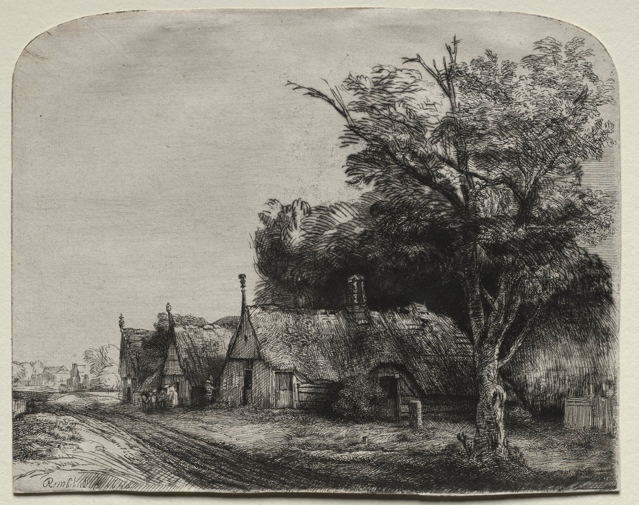Paisagem com três cabanas de duas águas ao lado de uma estrada, 1650. de Rembrandt van Rijn