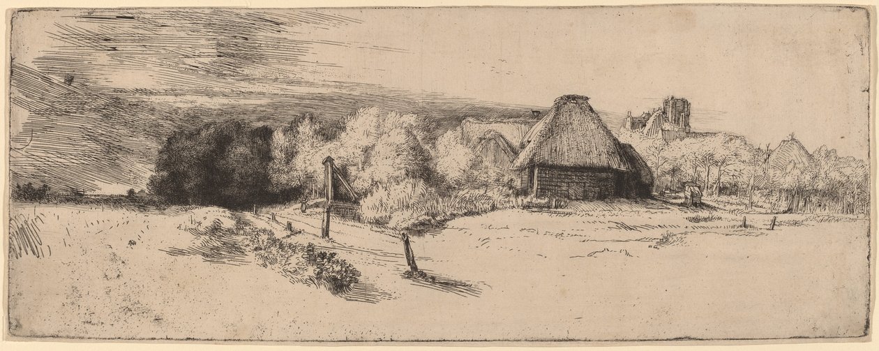 Paisagem com árvores, edifícios agrícolas e uma torre de Rembrandt van Rijn