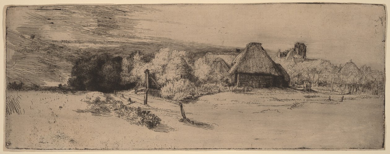 Paisagem com árvores, edifícios agrícolas e uma torre de Rembrandt van Rijn