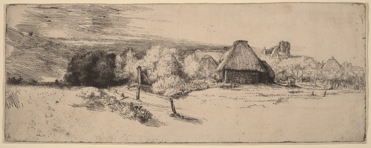 Paisagem com árvores, edifícios agrícolas e uma torre de Rembrandt van Rijn