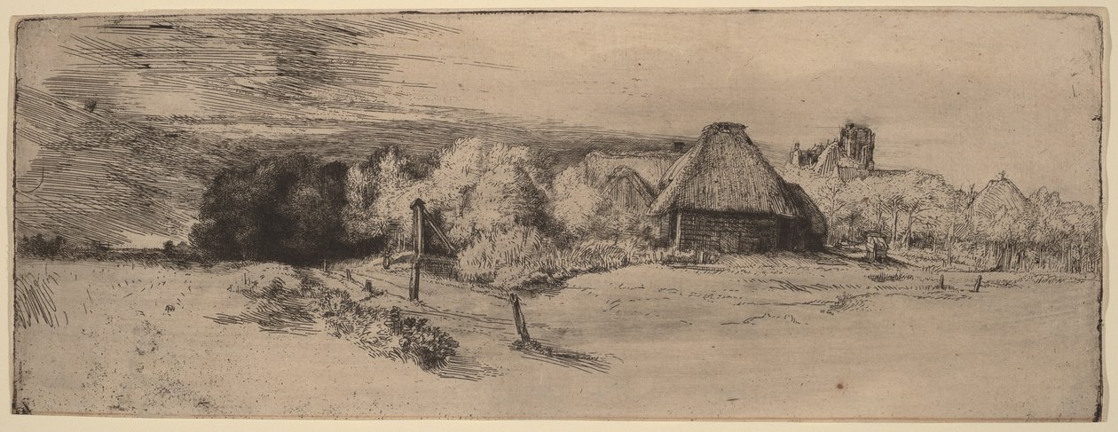 Paisagem com árvores, edifícios agrícolas e uma torre de Rembrandt van Rijn