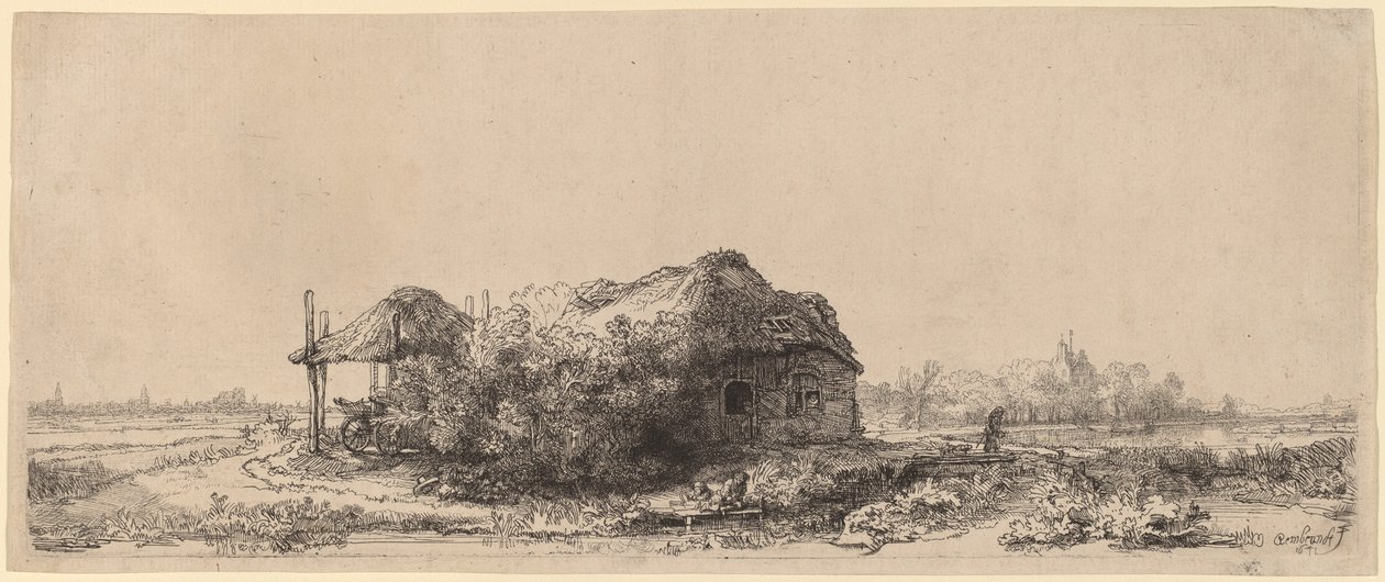 Paisagem com uma casa de campo e celeiro de feno: oblongo de Rembrandt van Rijn