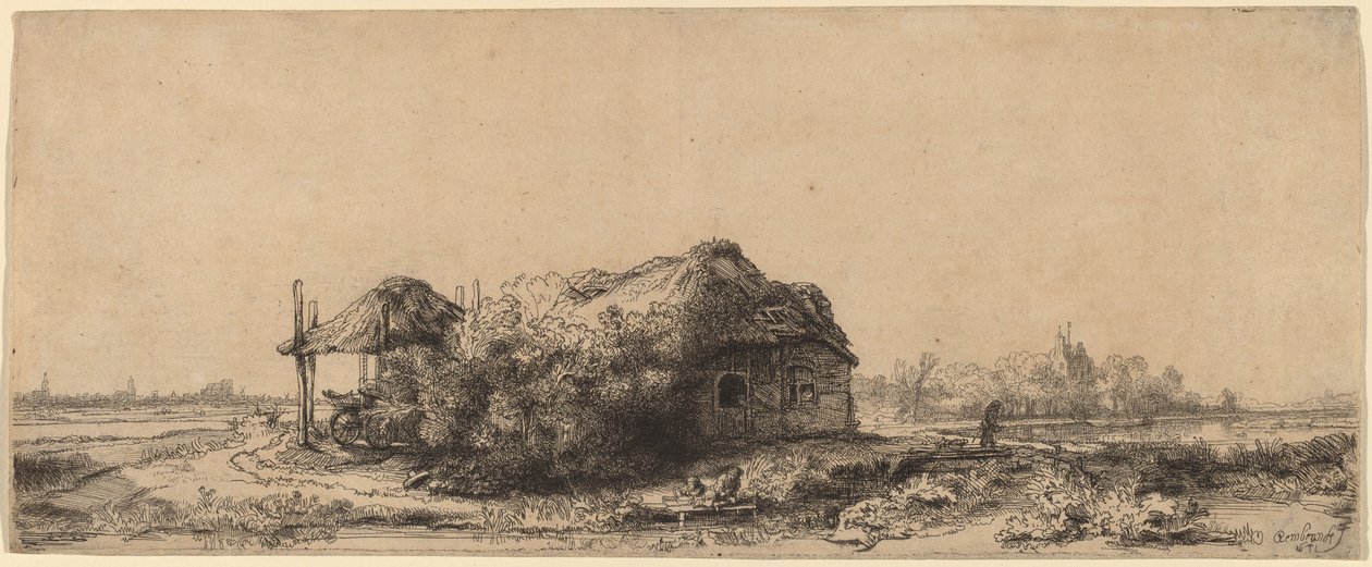 Paisagem com uma casa de campo e celeiro de feno: oblongo de Rembrandt van Rijn