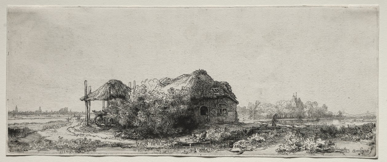 Paisagem com uma casa de campo e celeiro de feno: oblongo de Rembrandt van Rijn