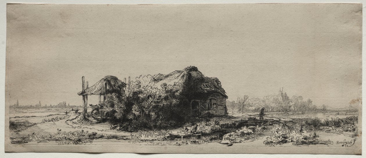 Paisagem com uma casa de campo e celeiro de feno: oblongo de Rembrandt van Rijn