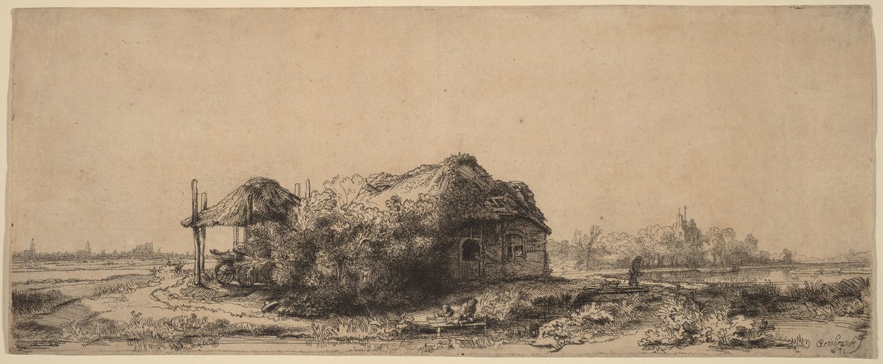 Paisagem com uma cabana e um celeiro de feno: retangular de Rembrandt van Rijn