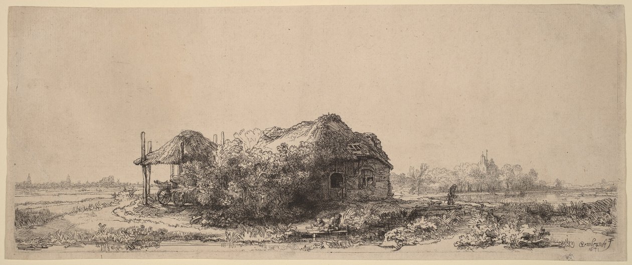 Paisagem com uma cabana e um celeiro de feno: retangular de Rembrandt van Rijn